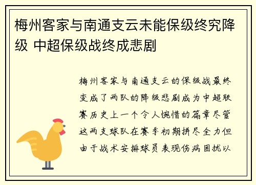 梅州客家与南通支云未能保级终究降级 中超保级战终成悲剧 梅州客家与南通支云未能保级终究降级 中超保级战终成悲剧