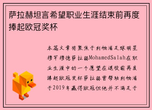 萨拉赫坦言希望职业生涯结束前再度捧起欧冠奖杯